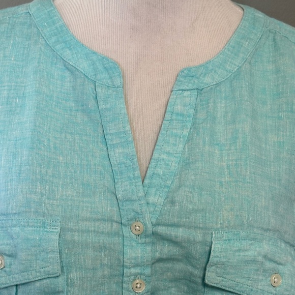 Talbots women’s 3X linen long sleeve shirt roll tab pullover tunic top aqua blue - Picture 3 of 12